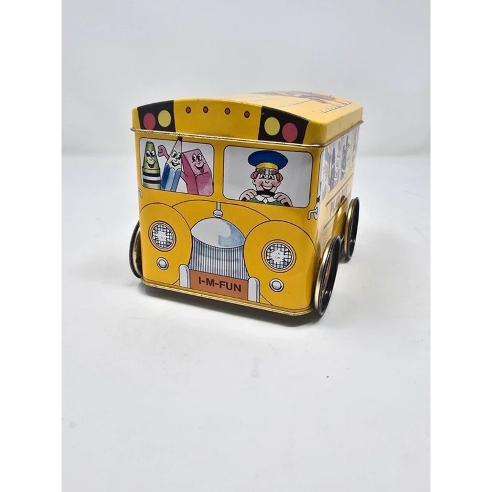 Vintage "Play Bus" Yellow School Bus Novelty Metal Tin Container - Barringer Wal